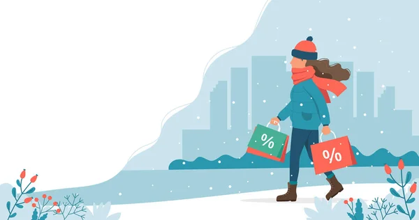Vrouw met verkooptassen in de winter. Leuke vector illustratie in platte stijl. — Stockvector