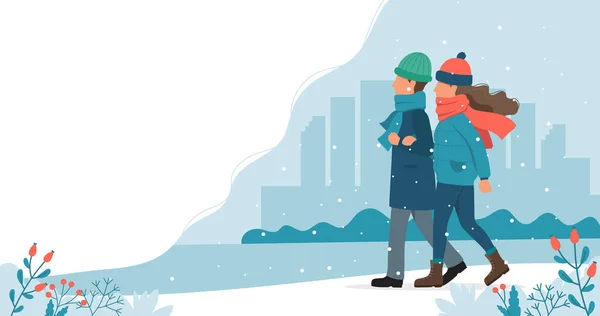 Couple marchant en hiver. Illustration vectorielle mignonne dans un style plat . — Image vectorielle