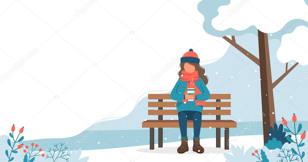 Girl sitting on bench in winter with coffee. Cute vector illustration in flat style