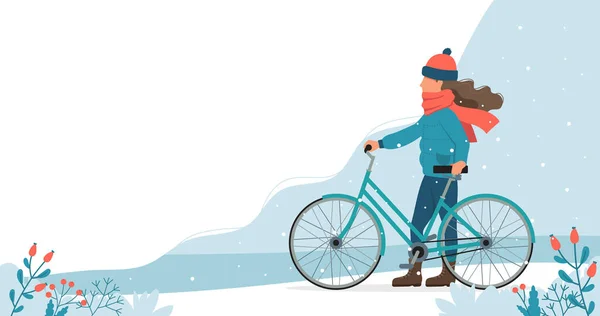 Chica con bicicleta en el parque en invierno. Lindo vector de ilustración en estilo plano . — Vector de stock