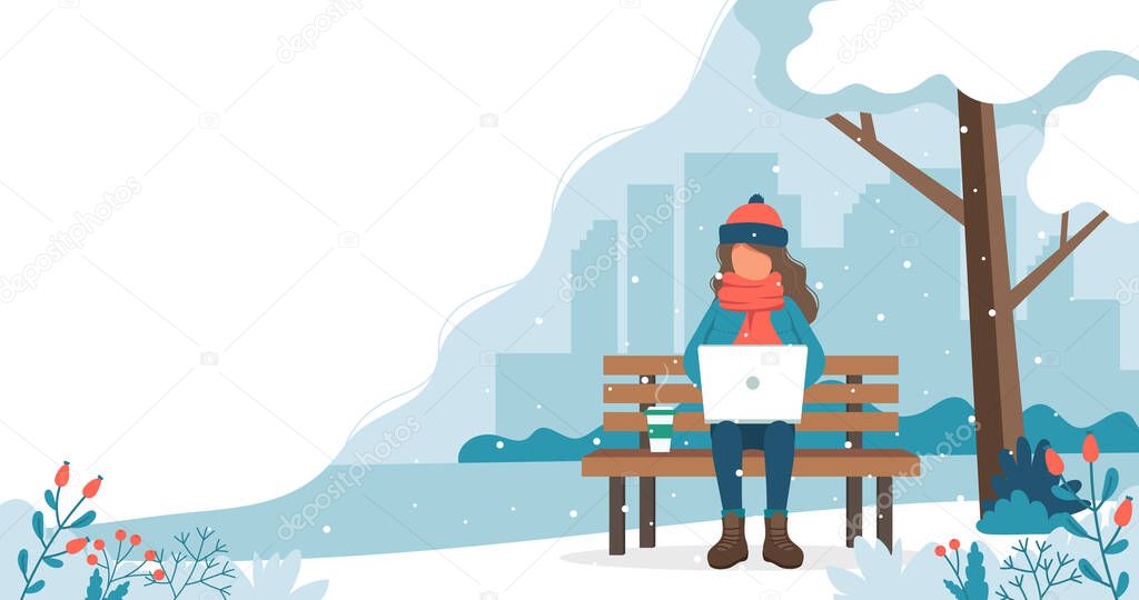 Girl sitting on bench in winter with laptop. Cute vector illustration in flat style