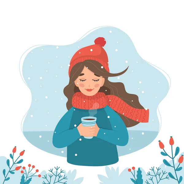 Jolie fille en hiver tenant une tasse avec fond d'hiver et de la neige. Illustration vectorielle en style plat — Image vectorielle