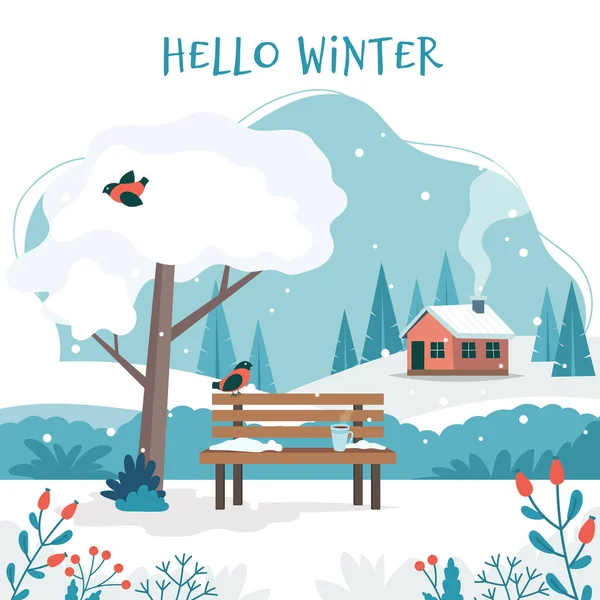 Hallo winter, landschap met schattige bank, koffiebeker, witte boom, schattig huis, velden en natuur. Vector illustratie in platte stijl — Stockvector