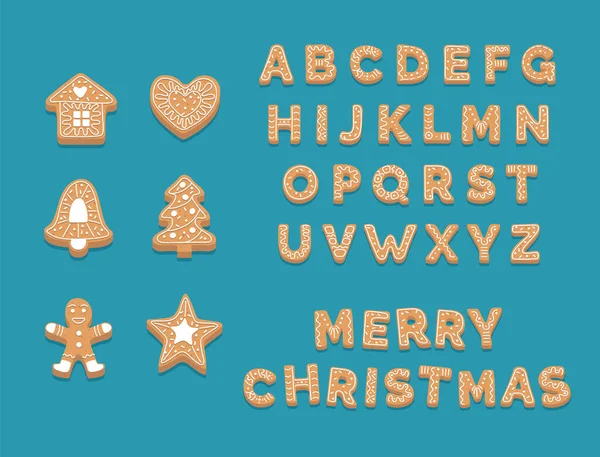 Gingerbread cookie kolekce, roztomilá vánoční abeceda a sušenky. Vektorová ilustrace v plochém stylu — Stockový vektor