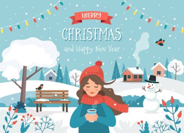Bir kız ve güzel manzaralı mutlu noel kartları. Düz biçimdeki şirin vektör illüstrasyonu