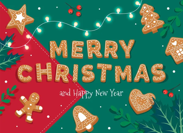 Boldog karácsonyi kártya sablont mézeskalács levelekkel és sütikkel. Aranyos vektor illusztráció lapos stílusban — Stock Vector