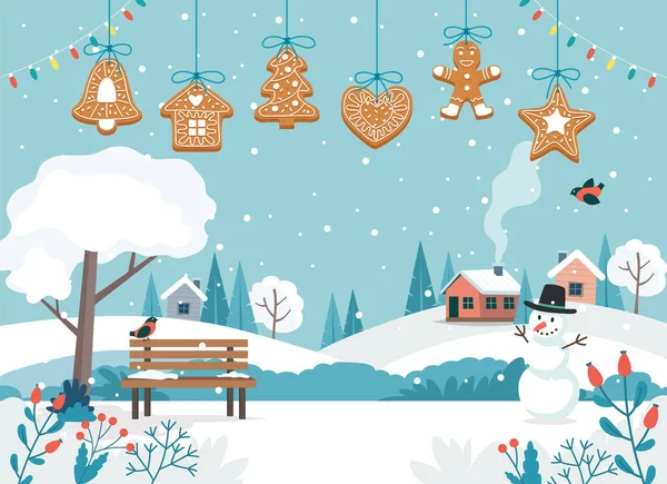 Vrolijke kerstkaart met schattig landschap en opknoping peperkoek koekjes. Leuke vector illustratie in platte stijl — Stockvector