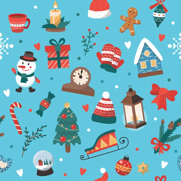 Χριστουγεννιάτικο μοτίβο με χαριτωμένα στοιχεία. Εικονογράφηση διάνυσμα σε επίπεδο στυλ — Διανυσματικό Αρχείο