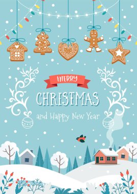 Üzerinde zencefilli kurabiye ve kar asılı kış manzarası. Noel tebrik kartı şablonu. Düz biçimli vektör illüstrasyonu