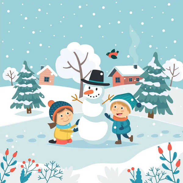 Vrolijk kerstkaartje met kinderen die sneeuwpop maken. Leuke vector illustratie in platte stijl — Stockvector