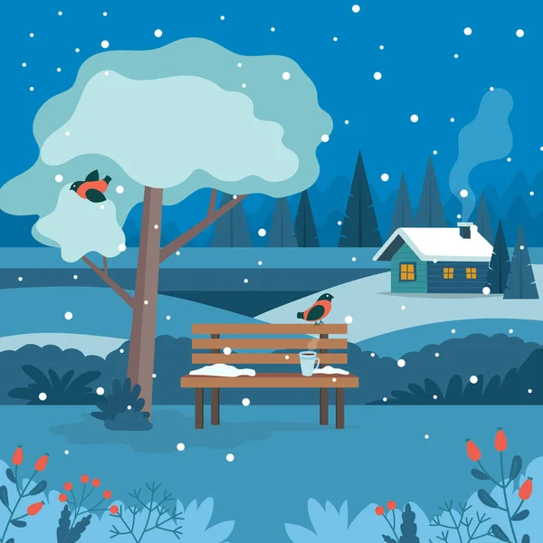 Paysage hivernal avec banc la nuit. Illustration vectorielle mignonne dans un style plat — Image vectorielle