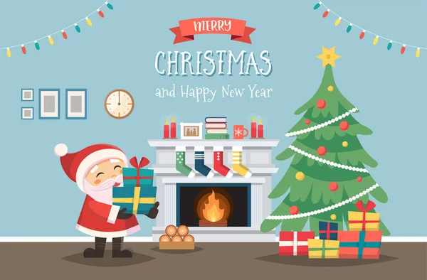 Santa Claus con árbol de Navidad y regalos. Interior decorado con chimenea. Lindo vector de ilustración en estilo plano — Archivo Imágenes Vectoriales