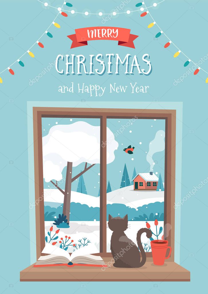 Winter window, with a cat, a book and a coffee cup on the sill. Greeting card. Cute cozy vector illustration in flat style