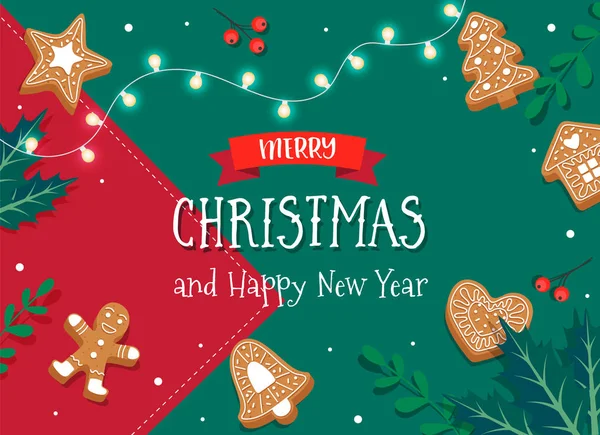 ジンジャーブレッドクッキーとメリークリスマスカードテンプレート。フラットスタイルでかわいいベクトルイラスト — ストックベクタ
