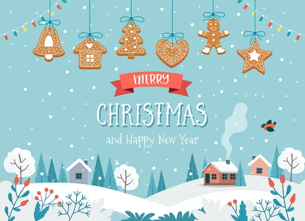 Tarjeta de felicitación de Navidad con paisaje lindo y galletas de jengibre colgantes. Lindo vector de ilustración en estilo plano — Archivo Imágenes Vectoriales