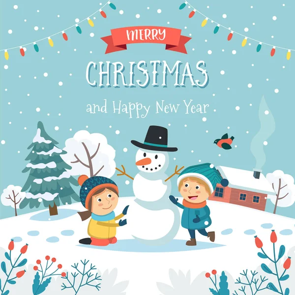 Feliz tarjeta de felicitación navideña con niños haciendo muñeco de nieve y texto. Lindo vector de ilustración en estilo plano — Archivo Imágenes Vectoriales