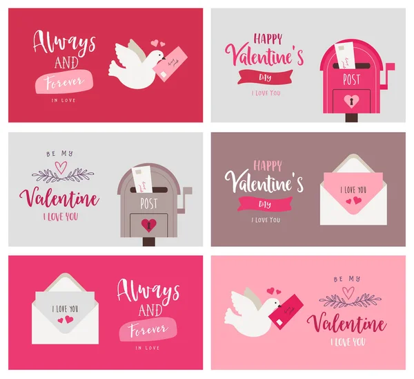 Набір вітальних листівок дня Святого Валентина. Милі векторні ілюстрації в плоскому стилі з написом — стоковий вектор