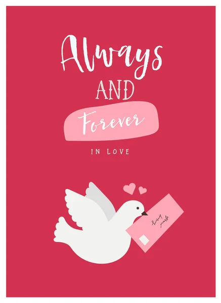Dia dos Namorados cartão de saudação com pomba e carta de amor. Ilustração vetorial bonito em estilo plano com letras — Vetor de Stock