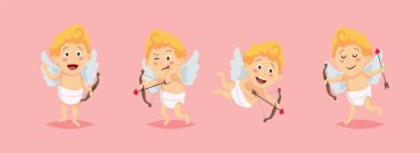 Aşk tanrısı hazır. Farklı pozlarda sevimli bir karakter. Düz biçimli vektör illüstrasyonu