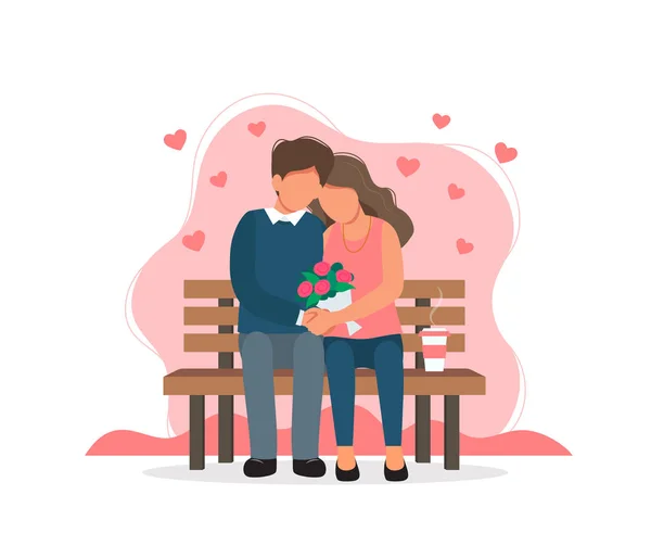 Casal amoroso sentado no banco. Celebrando o amor e dia de São Valentim. Ilustração vetorial bonito em estilo plano . —  Vetores de Stock