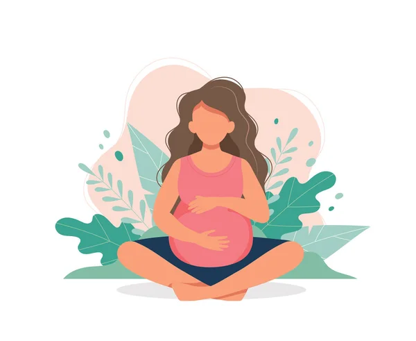 Zwangere vrouw die prenatale yoga doet. Zwangerschap gezondheid concept. Leuke vector illustratie in platte stijl — Stockvector