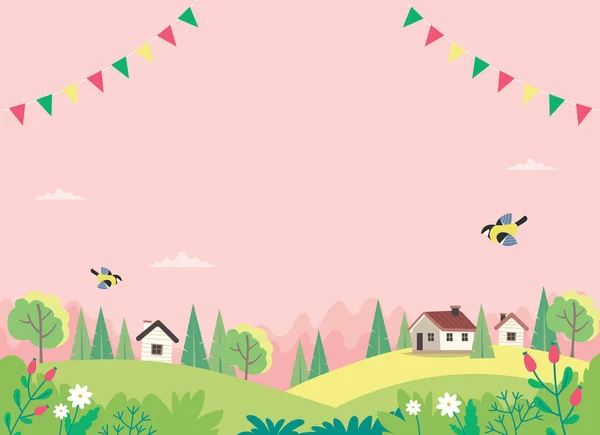 Voorjaarslandschap met huizen, velden en natuur. Decoratieve slingers. Leuke vector illustratie in platte stijl — Stockvector