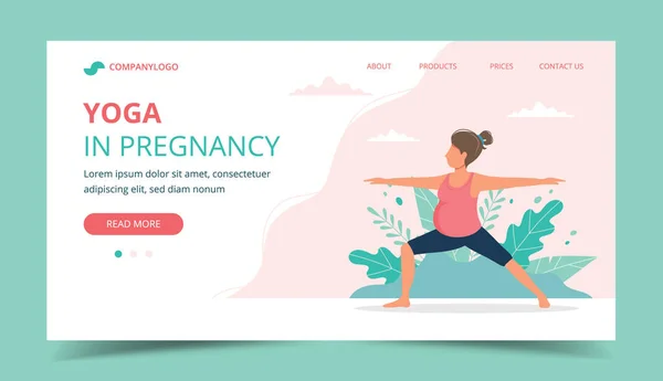 Mulher grávida fazendo ioga pré-natal. Modelo de design de landing page. Ilustração vetorial bonito em estilo plano — Vetor de Stock