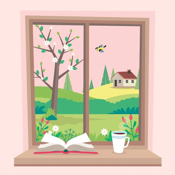 Spring window with view, a book and a coffee cup on the sill. Cute cozy vector illustration in flat style — Stock Vector