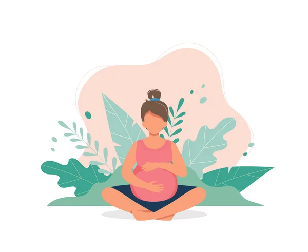 Terhes nő terhességi jógázik. Terhesség egészség koncepció. Aranyos vektor illusztráció lapos stílusban — Stock Vector