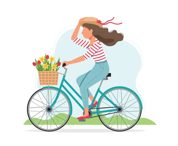 Mujer montando en bicicleta en primavera con flores en la cesta. Lindo vector de ilustración en estilo plano — Vector de stock
