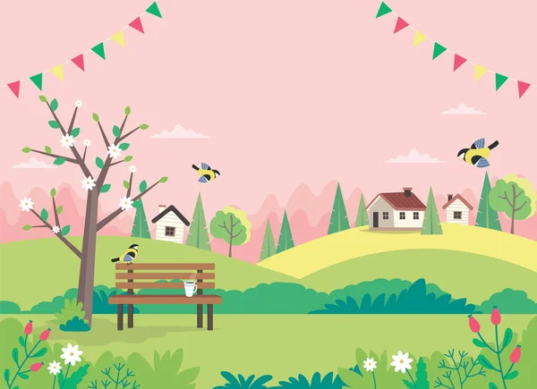 Hola primavera, paisaje con banco, casas, campos y naturaleza. Guirnaldas decorativas. Lindo vector de ilustración en estilo plano — Archivo Imágenes Vectoriales