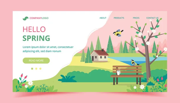 Hallo Frühling Landing Page Design-Vorlage. Landschaft mit Bank, Häusern, Feldern und Natur. niedliche Vektorillustration im flachen Stil — Stockvektor