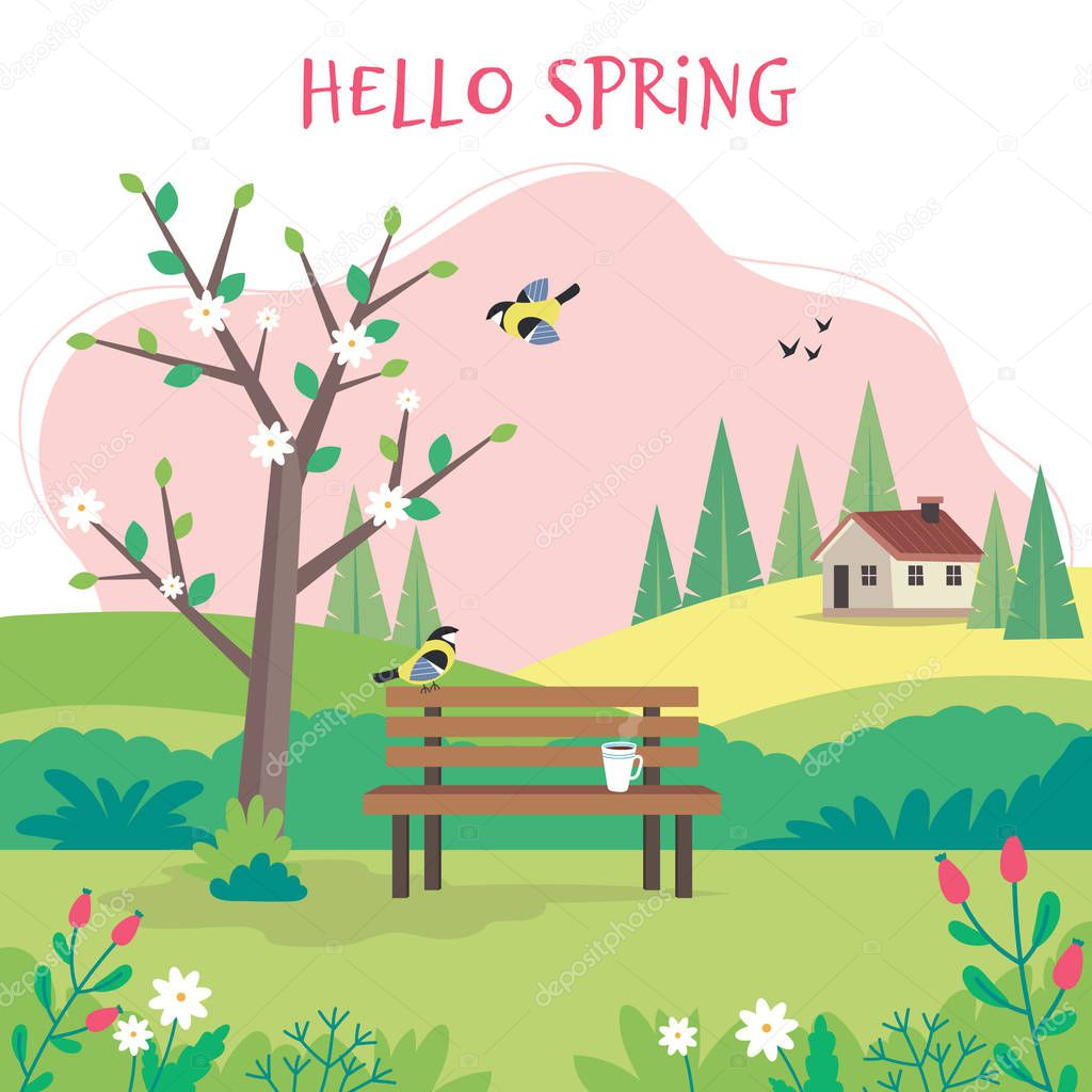 Hello spring, landscape with bench, flourishing tree, house, fields and nature. Cute vector illustration in flat style