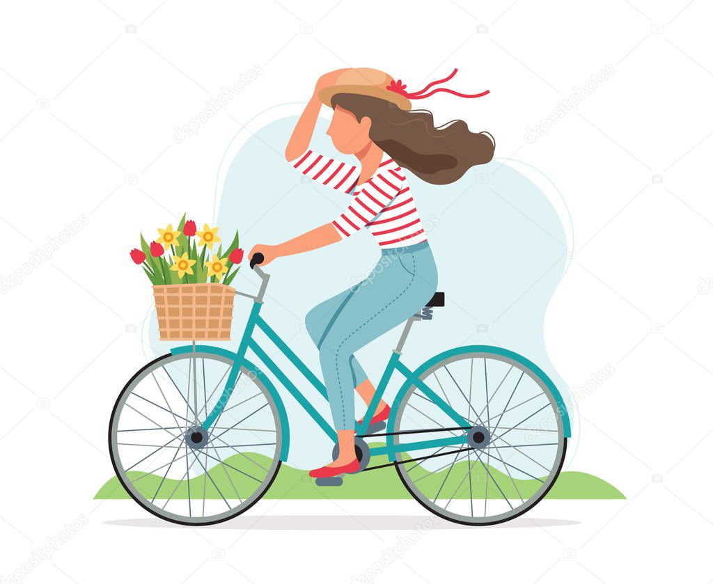 Woman riding a bike in spring with flowers in the basket. Cute vector illustration in flat style