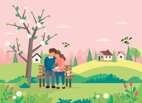 Loving couple sitting on the bench with spring landscape. Cute vector illustration in flat style. — Stock Vector