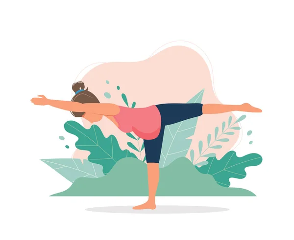 Donna incinta che fa esercizio di yoga. Concetto di salute della gravidanza. Graziosa illustrazione vettoriale in stile piatto — Vettoriale Stock