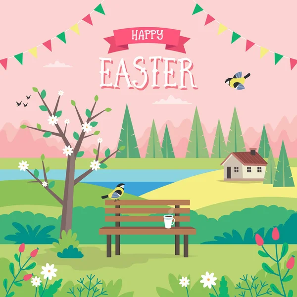 Feliz Pascua, paisaje primaveral con banco, casas, campos y naturaleza. Diseño de tarjeta de felicitación. Lindo vector de ilustración en estilo plano — Archivo Imágenes Vectoriales