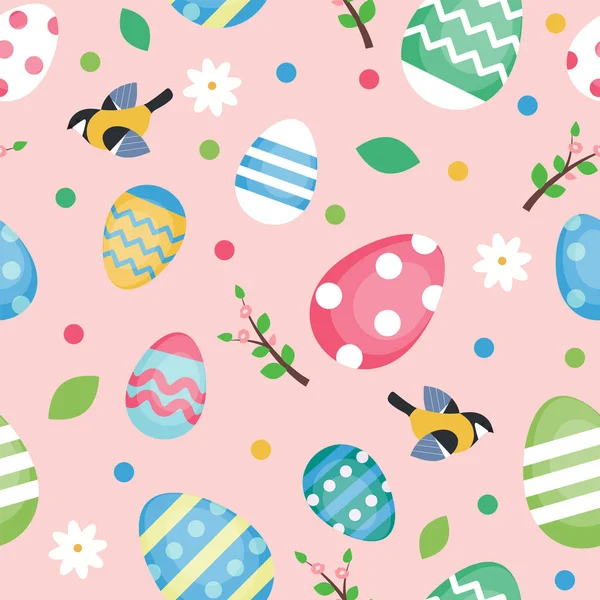 Padrão de Páscoa com ovos decorados, flores, folhas e pássaros. Ilustração bonito em estilo plano — Vetor de Stock