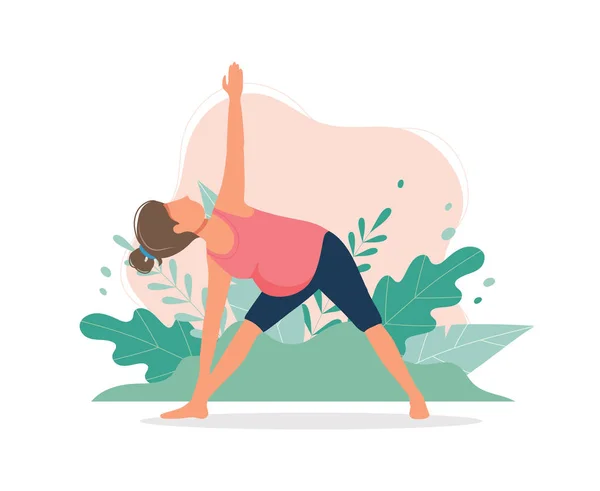 Zwangere vrouw die yoga doet. Zwangerschap gezondheid concept. Leuke vector illustratie in platte stijl — Stockvector