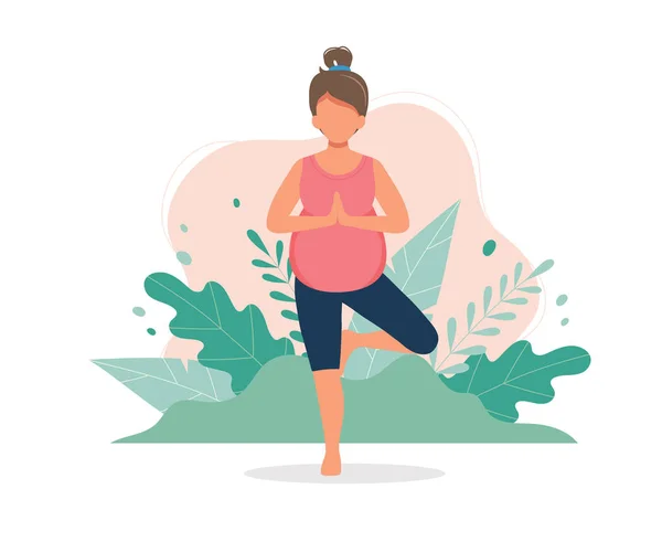 Mujer embarazada haciendo ejercicios de yoga. Concepto de salud del embarazo. Lindo vector de ilustración en estilo plano — Vector de stock