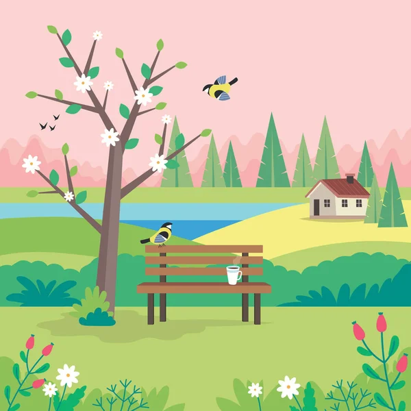 Spring landscape with bench, flourishing tree, house, fields and nature. Cute vector illustration in flat style — 스톡 벡터