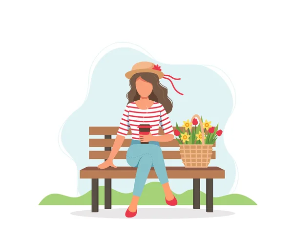 Woman sitting on the bench with coffee and spring flowers in basket. Cute vector illustration in flat style — Stock Vector