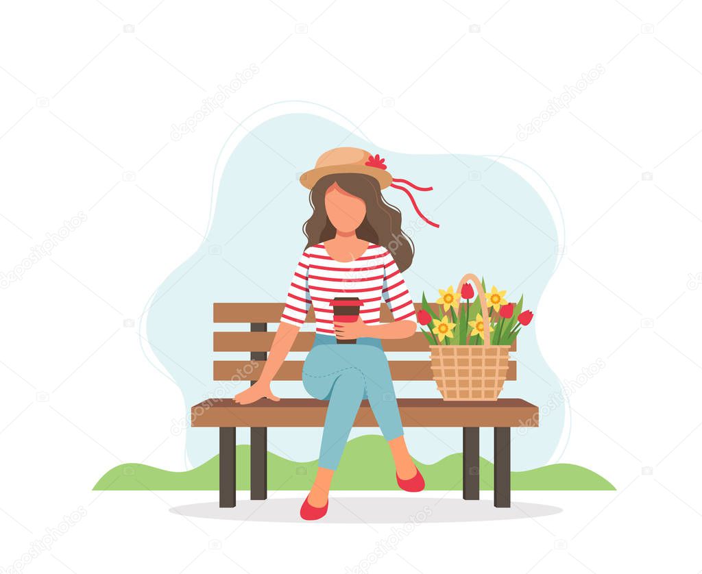 Woman sitting on the bench with coffee and spring flowers in basket. Cute vector illustration in flat style