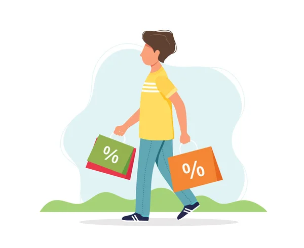 Homem com sacos de compras, conceito de venda de primavera. Ilustração vetorial bonito em estilo plano —  Vetores de Stock