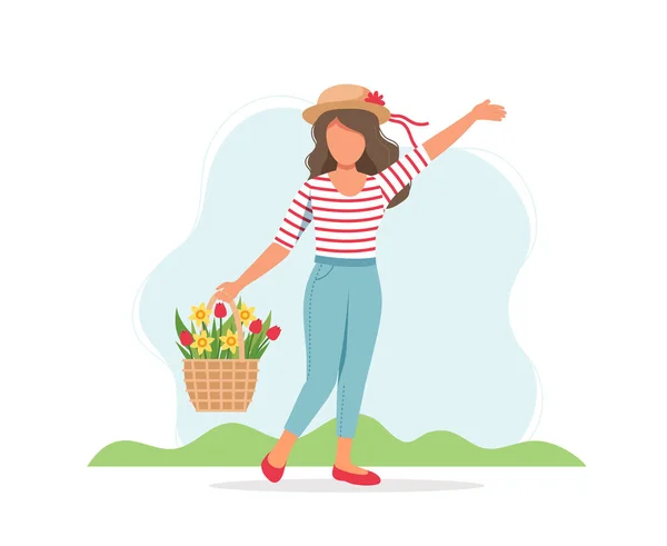 Mujer con flores de primavera en cesta. Lindo vector de ilustración en estilo plano — Vector de stock