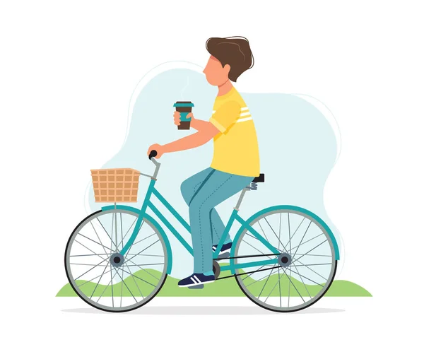 Homem andando de bicicleta na primavera com xícara de café. Ilustração vetorial bonito em estilo plano — Vetor de Stock