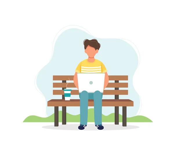 Man with laptop sitting on the bench with coffee cup. Cute vector illustration in flat style — 스톡 벡터