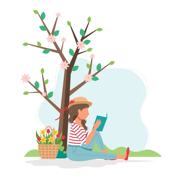 Mujer leyendo libro bajo el árbol en primavera. Lindo vector de ilustración en estilo plano — Vector de stock