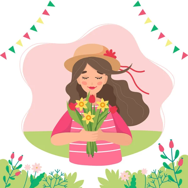 Girl holding flowers in spring. Festive garlands. Cute vector illustration in flat style — Stock Vector