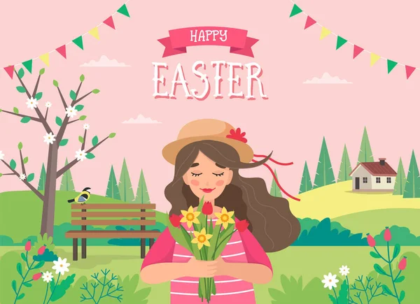 Chica sosteniendo flores, con paisaje primaveral. Tarjeta de felicitación de Pascua plantilla. Ilustración vectorial en estilo plano — Archivo Imágenes Vectoriales